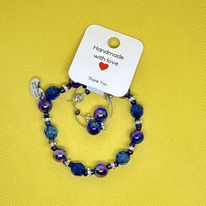 Hand Made With Love Handcrafted Blue Glass Round Bead Bracelet & Earrings Set